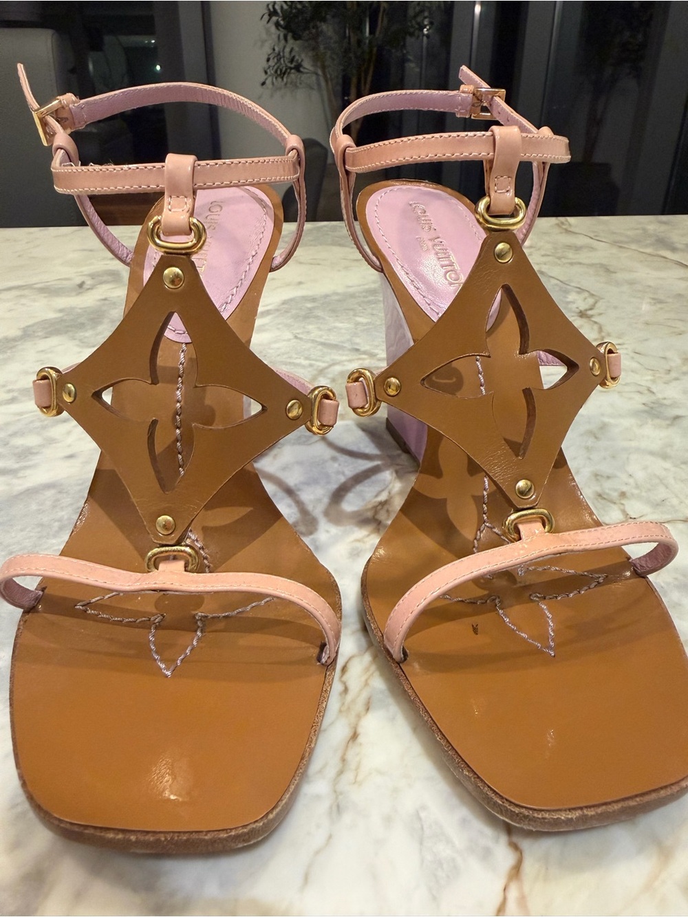 Louis Vuitton Pink and Brown Leather T-Strap Sandals